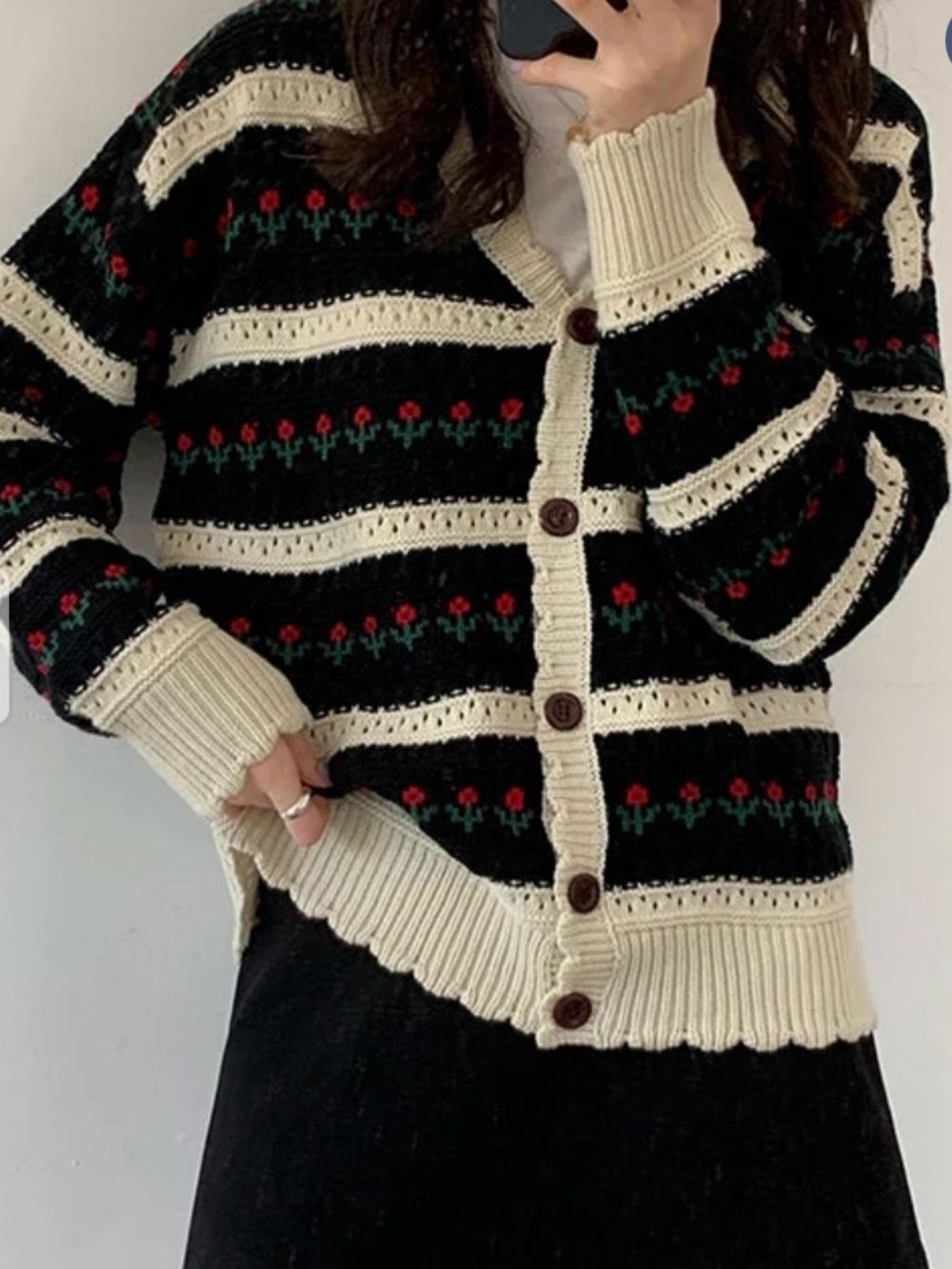 Korean Grandma Coquette Cottagecore Floral Stripe Knit Cardigan Sweater Sz S